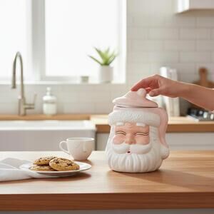 8 Oak Lane White & Pink Santa Cookie Jar 11" x 6.5" Ceramic Christmas Decor, New